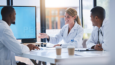 Buy stock photo Doctor collaboration and medical innovation discussion in meeting by diverse group, happy and smiling. Health care professional sharing vision and mission while doing drug trial review and analysis