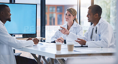 Buy stock photo Doctor, meeting and team collaboration of medical professionals in a discussion at a boardroom at the hospital. Diversity in a group of healthcare expert people in communication, teamwork and plan. 