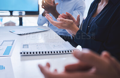 Buy stock photo Clapping, teamwork training and workshop in presentation, business conference or office tradeshow. Zoom on diversity hands, motivation or people success for innovation or company education with paper