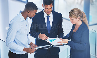Buy stock photo Financial, marketing and kpi data meeting presentation teamwork, collaboration and planning for business meeting. Advertising workers with motivation vision and innovation planning future SEO growth