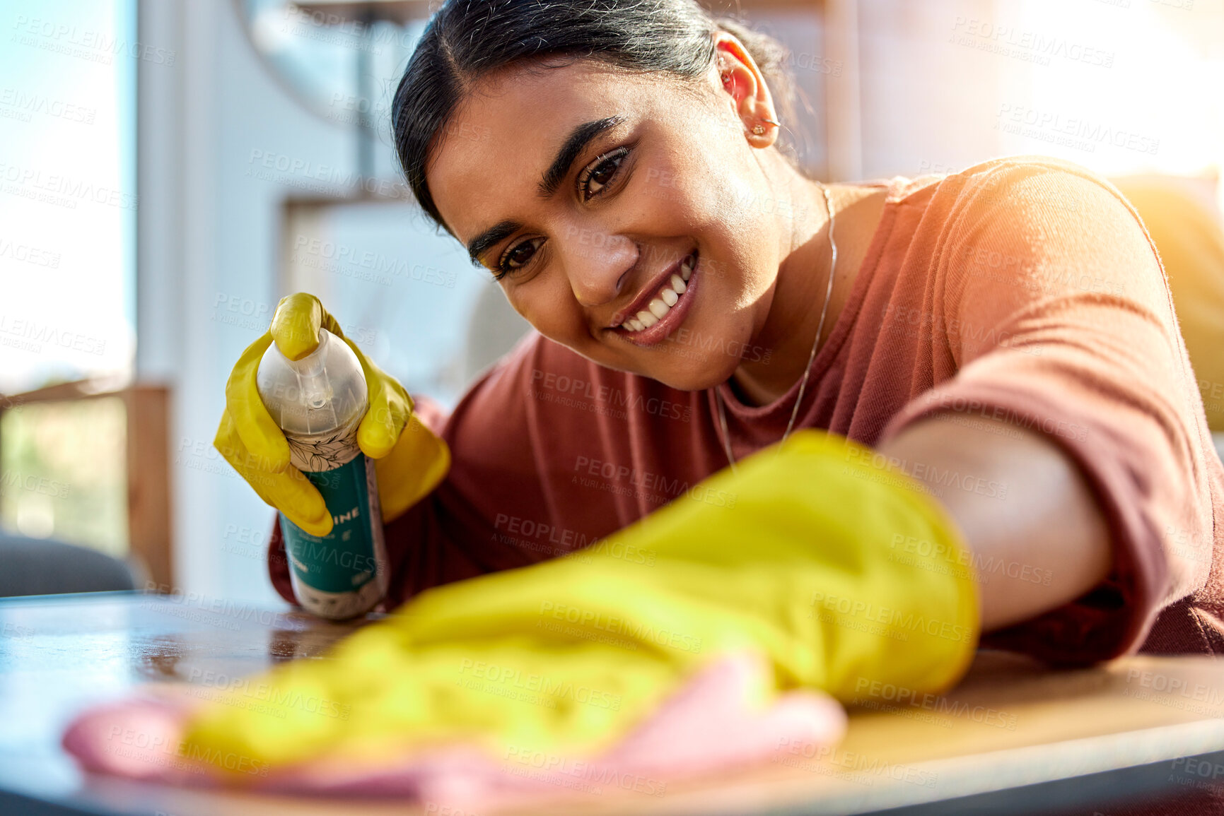 Buy stock photo Cleaner, cleaning spray with woman and cleaning service, furniture polish of home or office, hotel housekeeping or housework. Spring cleaning, hygiene and maid, cleaning product and disinfect surface