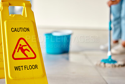 Buy stock photo Spring cleaning, wet or floor with mopping sign on home or office building in hygiene maintenance, healthcare or bacteria wellness. Zoom, information or housekeeping warning board for slipping safety
