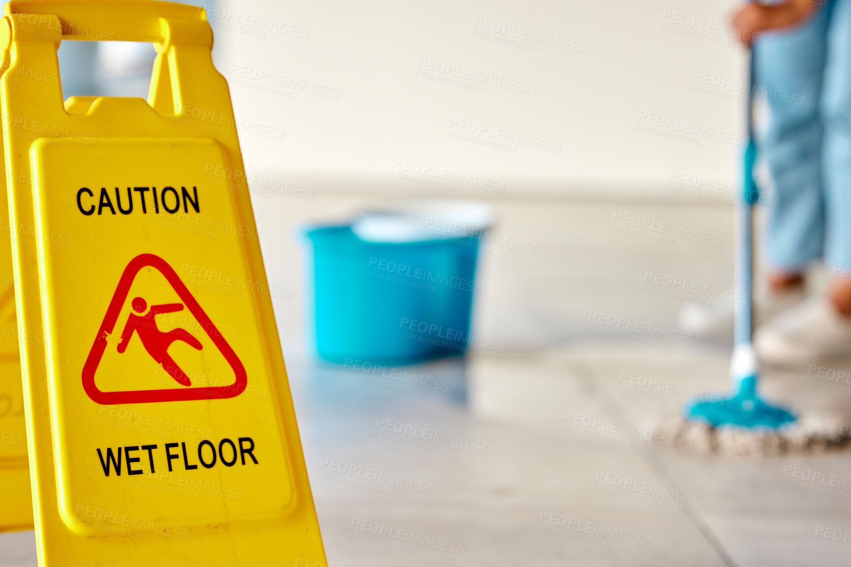 Buy stock photo Spring cleaning, wet or floor with mopping sign on home or office building in hygiene maintenance, healthcare or bacteria wellness. Zoom, information or housekeeping warning board for slipping safety