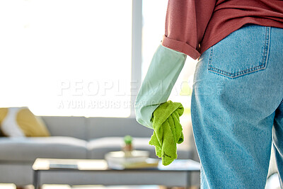 Buy stock photo Woman, cleaning service and cloth to clean dirt, dust and bacteria in home living room for housekeeping, maintenance and disinfection. Hand of cleaner in jeans to work in apartment with gloves