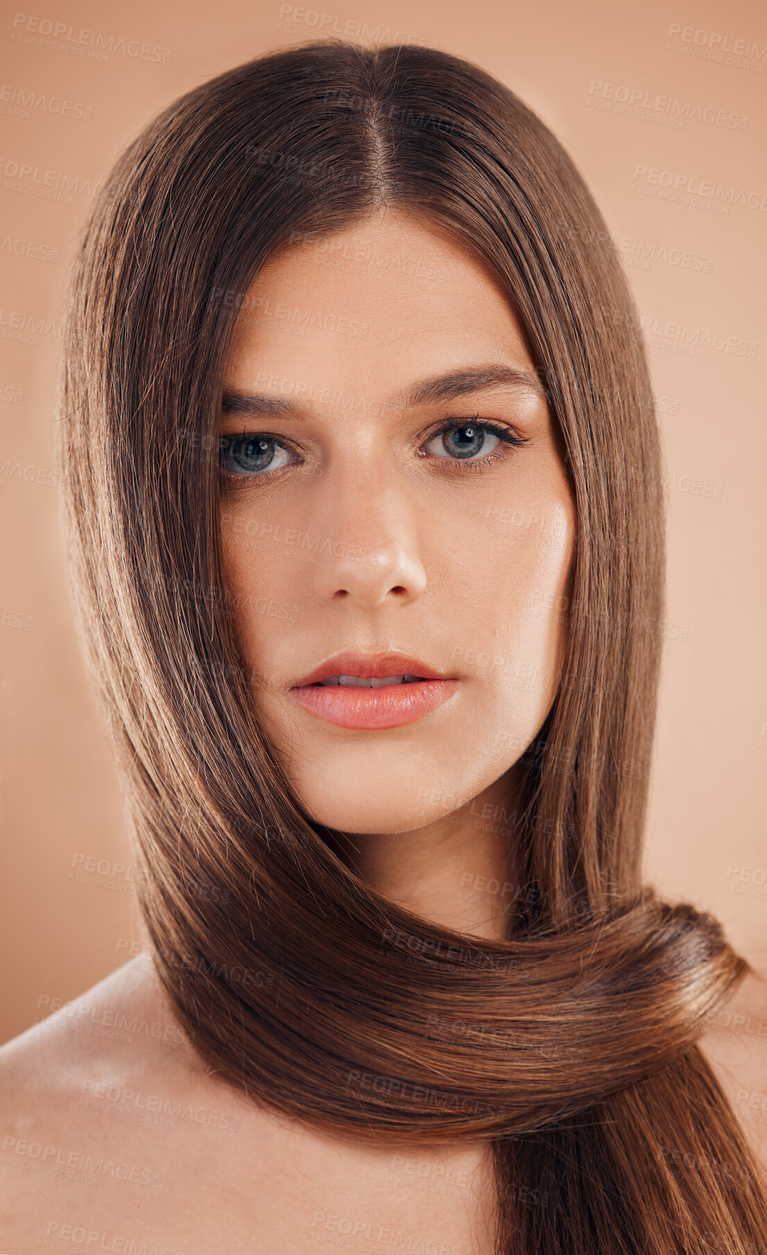 Buy stock photo Portrait, hair care or woman with cosmetics, texture or natural beauty on brown studio background. Female, straight hair or organic growth for hairstyle, keratin or hair dye advertising for marketing