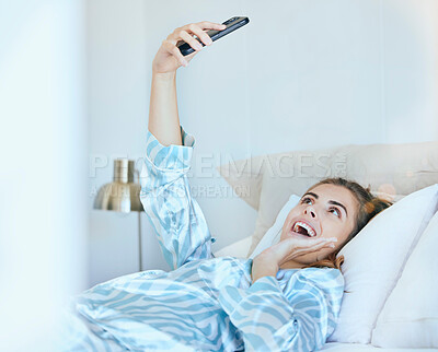 Buy stock photo Selfie, girl in bed and photography with phone, technology and memory, smile and happy, young gen z with social media content creation. Happiness in picture, morning and smartphone, wifi 5g network.