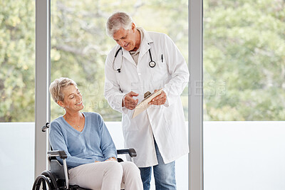 Buy stock photo Doctor, consultation and senior patient in wheelchair for healthcare rehabilitation, medical wellness therapy and disability advice in retirement clinic. Hospital, elderly woman and physical therapy