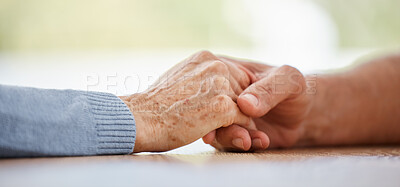 Buy stock photo Healthcare, help or people for support holding hands of patient for trust, consulting or cancer news zoom. Friends, family or hand for empathy with comfort, depression wellness or sad funeral advise