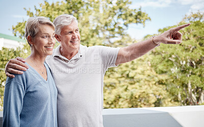 Buy stock photo Senior couple, bonding or pointing on house balcony or home garden trees, backyard plant growth or Australian wild birdlife. Smile, happy or hug for retirement elderly man or woman and hand gesture