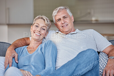 Buy stock photo Senior couple, sofa and portrait with smile, love and happy in retirement, bonding or care in family house. Old woman, elderly man and hug on couch for happiness, romance or embrace together at house