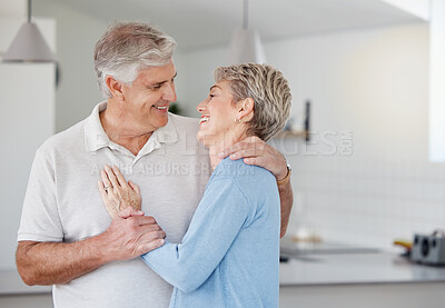 Buy stock photo Love, senior couple and hug with smile, happy and bonding for relationship, romance and quality time. Romantic, mature man and elderly woman embrace for loving, relax and together in home or marriage