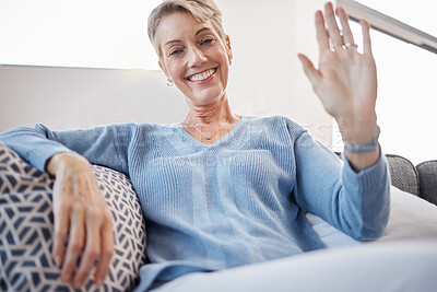 Buy stock photo Senior woman, hand or waving on video call pov on sofa in house, home or hotel living room in lockdown communication. Portrait, smile or happy retirement elderly in greeting gesture on social network
