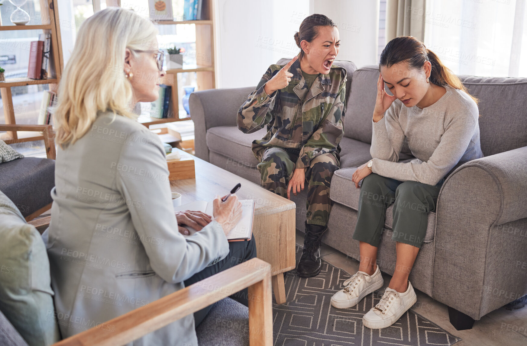 Buy stock photo Lesbian couple, psychologist and military ptsd, angry and soldier shouting, LGBTQ and mental health problem in a office. Army woman, psychology and stress with wife, girlfriend or frustrated emotion 