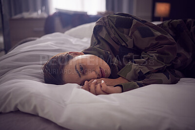 Buy stock photo Thinking, tired and depression of a woman with mental health, anxiety or insomnia problem. Fatigue, stress and sad person in a bedroom bed feeling depressed ready for sleep on a house pillow