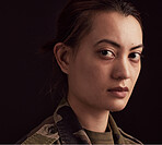 Face, sad woman and crying army soldier with mental health problem, depression and military trauma of psychology on black background. Portrait of depressed Ukraine war veteran with ptsd from service 