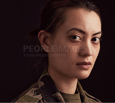 Buy stock photo Face, sad woman and crying army soldier with mental health problem, depression and military trauma of psychology on black background. Portrait of depressed Ukraine war veteran with ptsd from service 