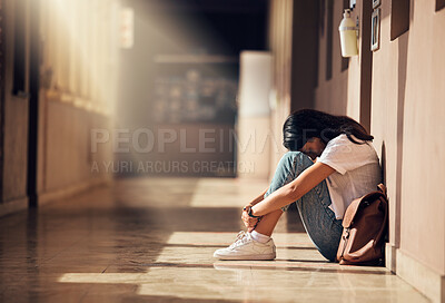 Buy stock photo Stress, anxiety and depression of university girl with mental breakdown on campus floor. Frustrated, thinking and depressed indian woman suffering and overwhelmed with burnout at college.
