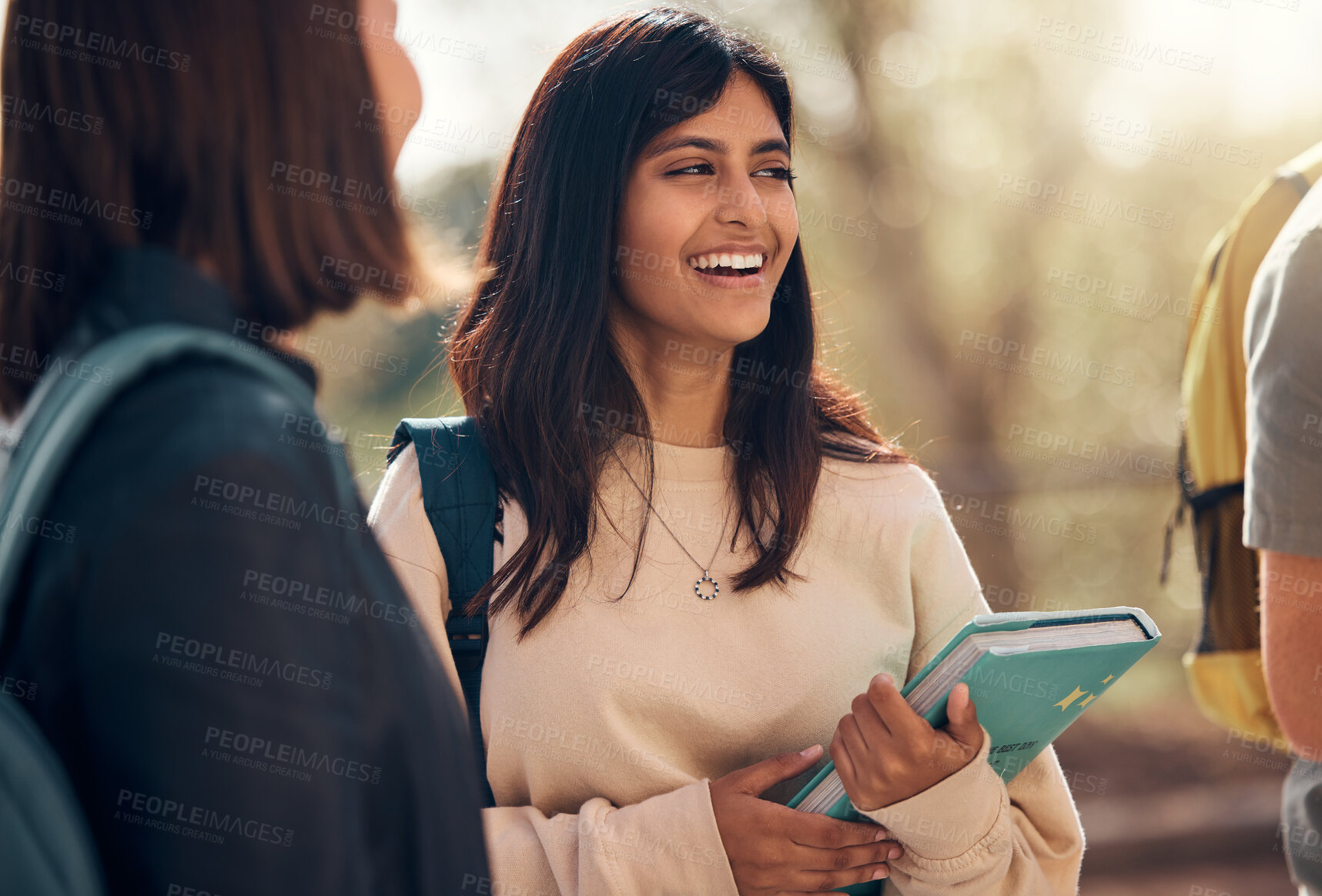 Buy stock photo Happy, books or indian woman student with friends at school, college or university outdoor for learning, education or scholarship. Motivation, smile or group of young students for studying or academy