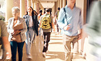 University, campus and busy students walking to class for learning, studying and education. College, crowd and group of people, men and women at school in hallway or corridor traveling to classroom.