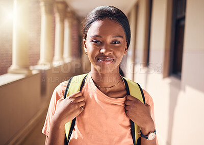 Buy stock photo Happy, university and black woman student portrait at educational building in Chicago, USA. College campus and happiness of gen z girl outside lecture classroom with optimistic smile.

