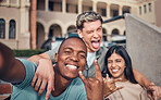 Friends selfie, smile and portrait on university campus with diversity, happy and funny face, hand gesture and rock sign. Happy, portrait and interracial college friendship, students and photograph 