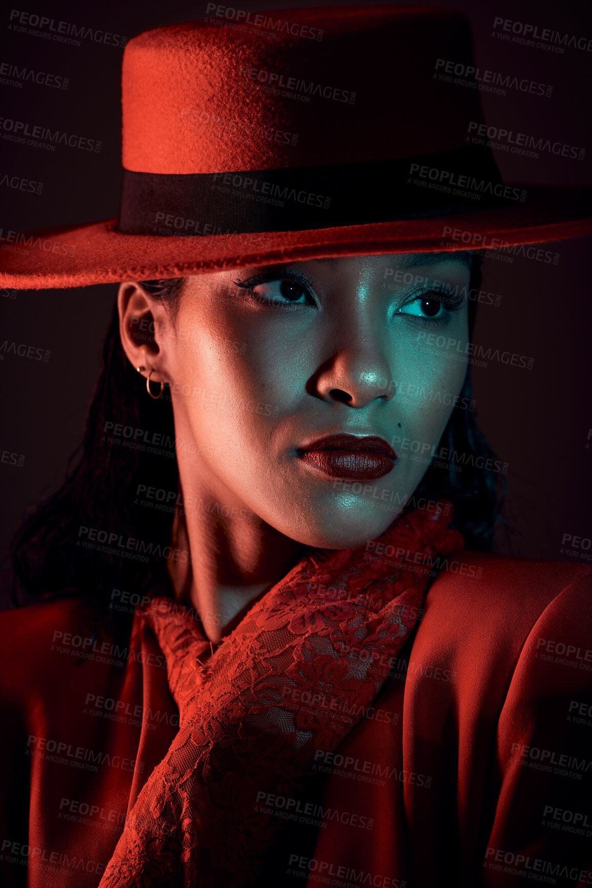 Buy stock photo Dark, seductive and vintage woman thinking of fashion, red clothes and creative against a dark black studio background. Mysterious, elegant beauty and face of a model in the 90s with an idea