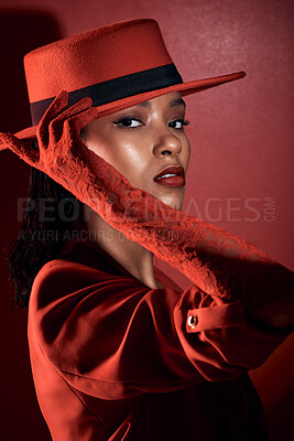 Buy stock photo Fashion, retro and black woman in beauty and sexy portrait, red aesthetic with dark mystery, seductive and makeup. Vintage, style with lace fashionable glove, edgy and cosmetic against red background
