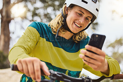 Buy stock photo Social media, gps and man on a bike in nature, fitness cycling and search for location on a phone in the mountains of Indonesia. Contact, communication and person with a mobile on a bicycle in a park