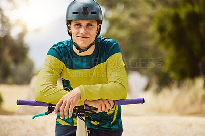 Buy stock photo Mountain bike, sports and portrait of man cycling for nature exercise, cardio workout and training for marathon. Peace, trees and fitness athlete with bicycle for transport travel, journey or freedom