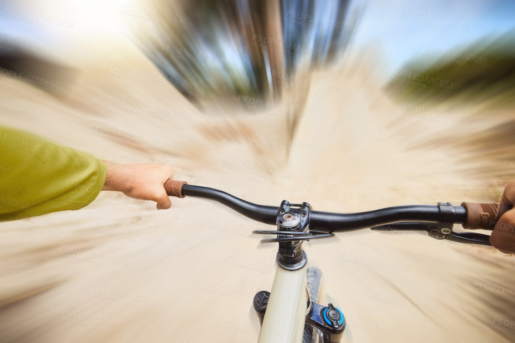 Buy stock photo Pov hands, speed and cycling with bike and travel on nature path for outdoor exercise, training workout or race. Freedom, sports adventure and bicycle cyclist on fast journey for fitness workout blur