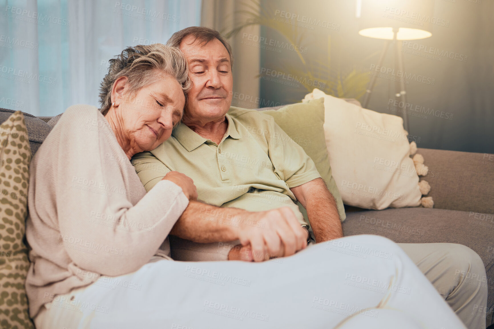 Buy stock photo Senior couple, eyes closed and relax on living room couch for comfortable afternoon nap, easy lifestyle and retirement at home. Love, care and sleeping old couple on lounge sofa together in apartment