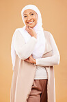 Portrait, Islamic woman and smile for fashion, beauty and relax on brown studio background. Female, lady and cosmetics for confidence, stylish and trendy outfit for comfort, joy or leader with vision