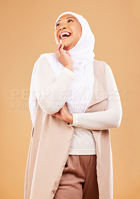Buy stock photo Fashion, beauty and Islamic woman with trendy clothes, wellness and thinking on brown studio background. Muslim female, Arabic lady and stylish hijab with smile, mockup and cosmetics with style.