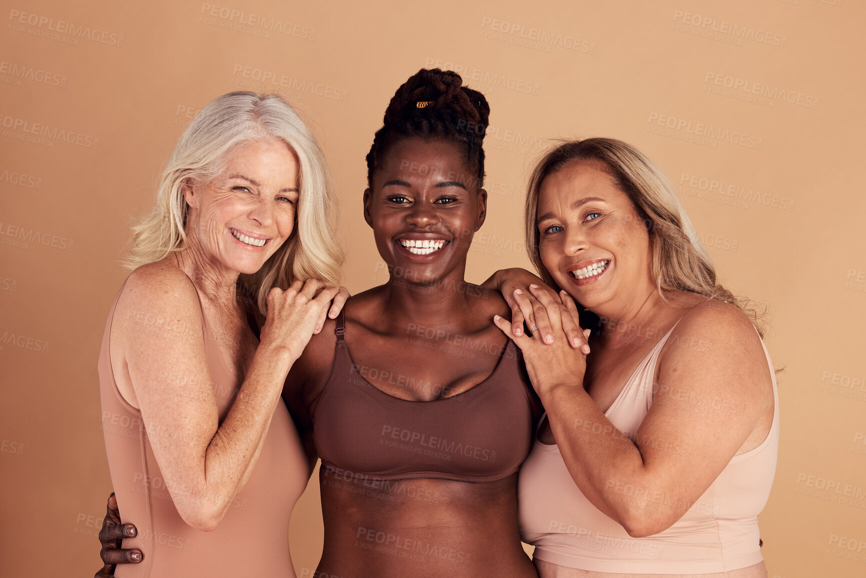 Buy stock photo Beauty, diversity and body positive with portrait of women in lingerie for support, empowerment and generations. Confidence, plus size and self love with models in bikini for community and natural