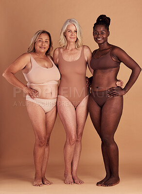 Buy stock photo Body positive, support and portrait of diversity women happy with self love, natural beauty and confidence in shape size. Woman empowerment, solidarity and group of model girl friends with lingerie