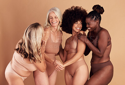 Buy stock photo Diversity, lingerie and body positive people happy with shape size, self love and natural beauty on studio background. Women empowerment, solidarity and group of model girl friends with support care