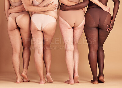 Buy stock photo Women group, lingerie and butt in studio for wellness, fashion and diversity with plus size in unity. Back, bum and woman model team with solidarity, body positive or health for beauty by background