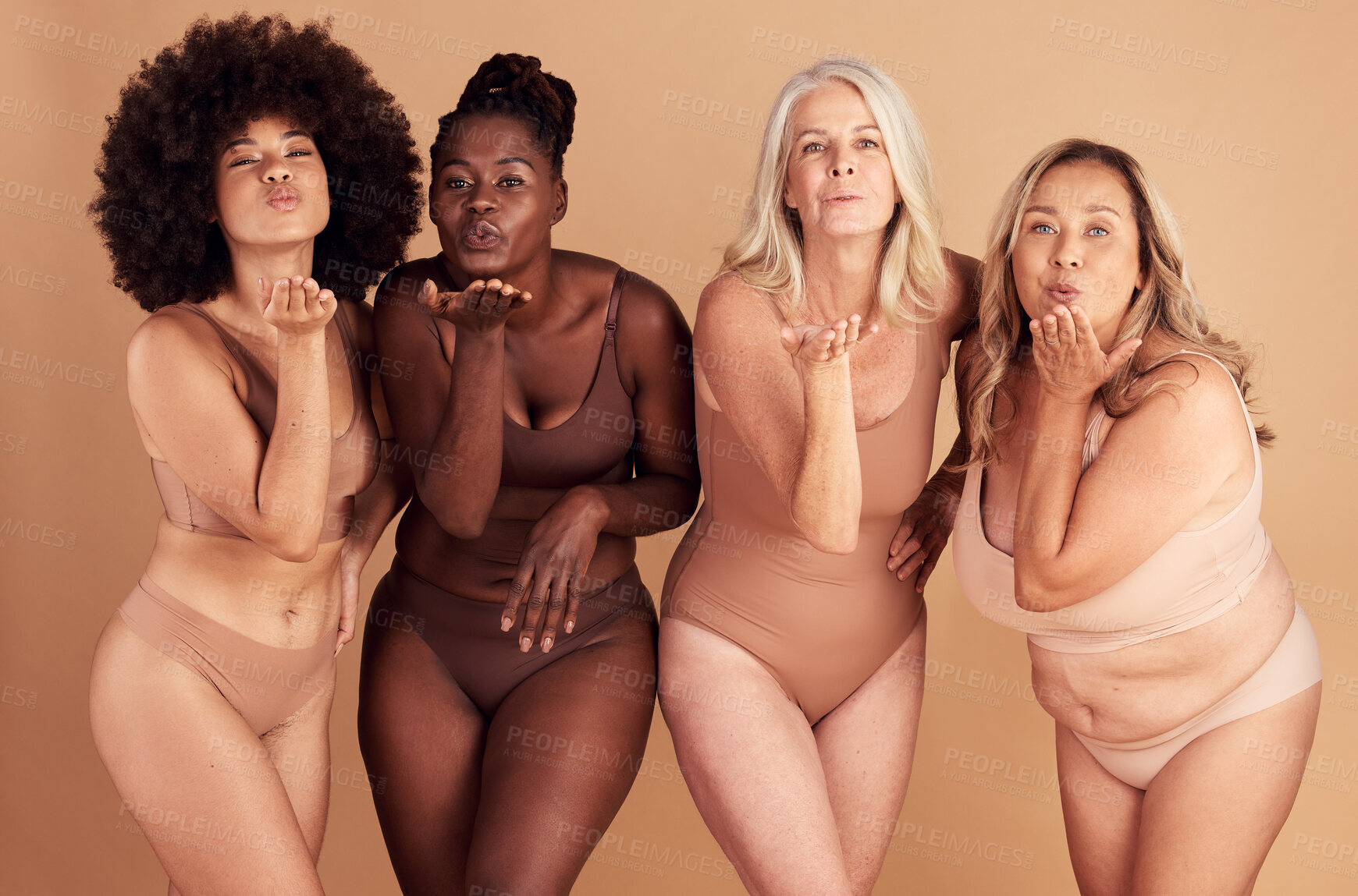 Buy stock photo Women, body and different shape group blowing a kiss in studio for lingerie, beauty and diversity wearing underwear. Portrait of female friends together for body positivity, inclusion and self love