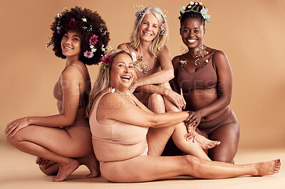 Buy stock photo Flowers, diversity and portrait of body positive women happy with self care, creative beauty design and confidence. Group solidarity, lingerie and empowerment of floral girl friends with self love