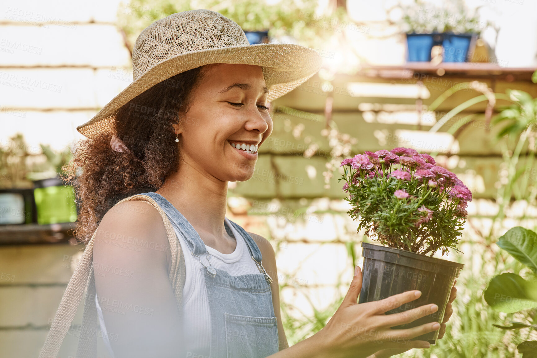 Buy stock photo Woman, smile and flower pot plant while shopping at florist shop for buying gardening plants at a nursery and garden store. Black female or happy customer with flowers for sale in a greenhouse