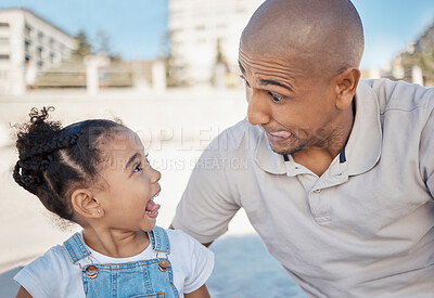 Buy stock photo Face, funny and joke with a father and daughter playing together or bonding outdoor in a city during summer. Family, comic and humor with a man and girl being playful or free in an urban town