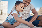 Beach, father and girl play with sand as a happy family bonding on a fun summer holiday vacation in Brazil. Smile, travel of dad enjoying quality time with a young playful child or kid on beach sand