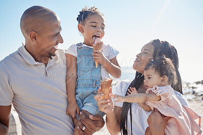 Buy stock photo Black family, beach and ice cream with children and parents on sand by the sea or ocean during summer together. Kids, travel and relax with a mother, father and daughter siblings bonding in nature