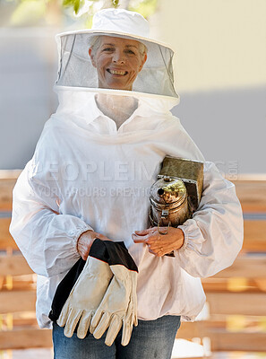 Buy stock photo Beekeeper woman, safety portrait or farm with apiculture suit, vision or smile in summer harvesting time. Bee expert, ppe clothes or happiness in eco friendly manufacturing, small business or success