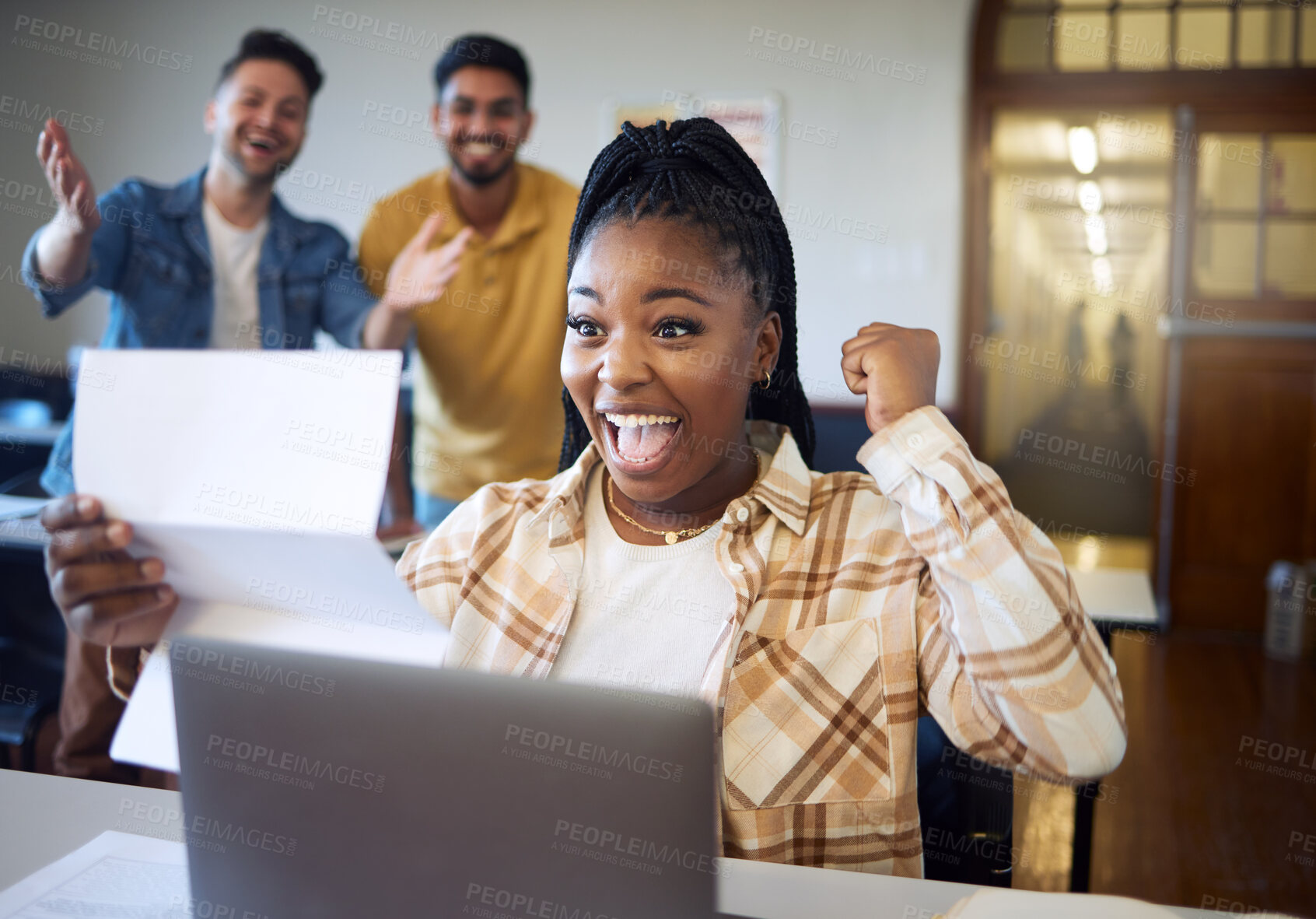 Buy stock photo Success, business woman and paper for bank, loan and approval with team clapping hands office, happy and excited. Black woman, celebration and documents with feedback, small business and investment
