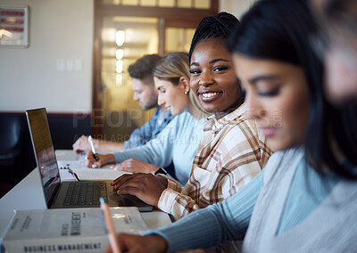 Buy stock photo Black woman, student and smile with laptop for education, learning or university scholarship in class. Portrait of African American female learner smiling with computer for academic research or study