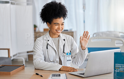 Buy stock photo Laptop, video call and doctor consulting from office with online expert for advice, help and strategy, happy and excited. Healthcare, black woman and surgeon in online meeting for surgery planning