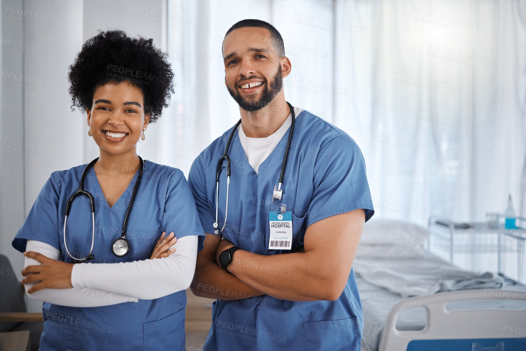 Buy stock photo Doctor, portrait smile and arms crossed at hospital with vision for healthcare, phd or cardiology team. Happy medical experts standing in confidence for teamwork, health checkup or medicare at clinic