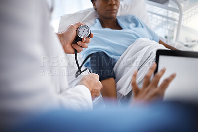 Buy stock photo Blood pressure, hypertension and doctor with patient to check diabetes, healthcare consulting and service in clinic. Closeup of surgeon hands measure arm pulse, test and medical wellness for surgery