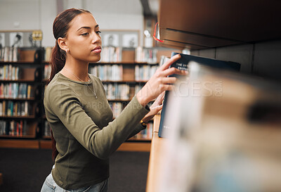 Buy stock photo Search, books and education with woman in library for learning, college and scholarship study. Knowledge, school and literature with university student by bookshelf for academy, information and goal